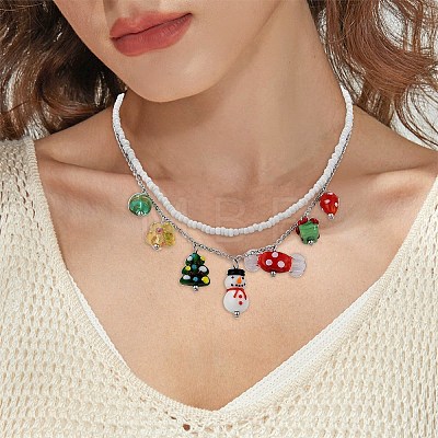 Glass Seed Beaded & 304 Stainless Steel Cable Chain Double Layer Necklace NJEW-TA00074-1