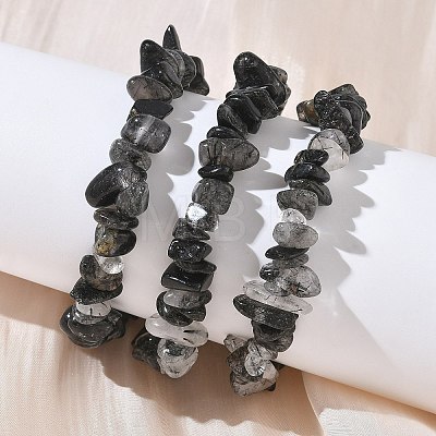 Natural Tourmalinated Quartz Chip Beaded Stretch Bracelets for Women BJEW-D467-01A-1