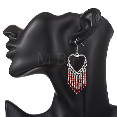Hollow Heart Alloy & Glass Seed Beads Tassel Chandelier Earrings EJEW-MZ00685-02-1