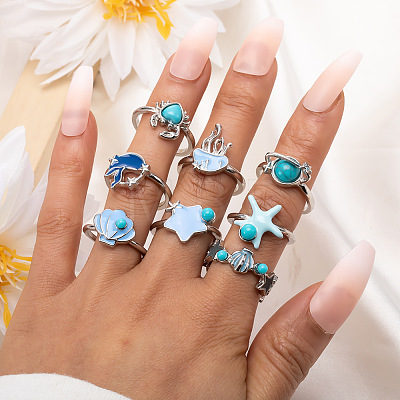 9Pcs Ocean Alloy Enamel Finger Rings Set WGEDDBB-01-1