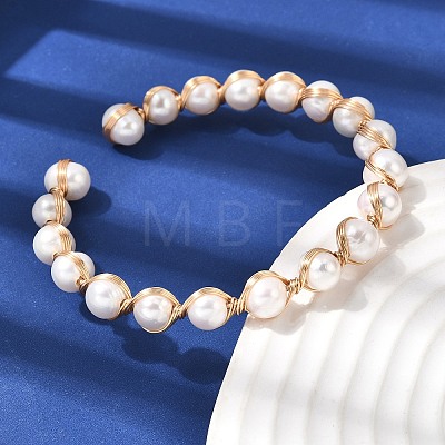 Brass Wire Wrapped Natural Pearl Open Cuff Bangles for Women BJEW-D453-04G-1