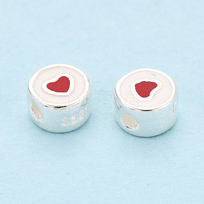 925 Sterling Silver Enamel Flat Round with Red Heart Beads STER-T009-22S-1