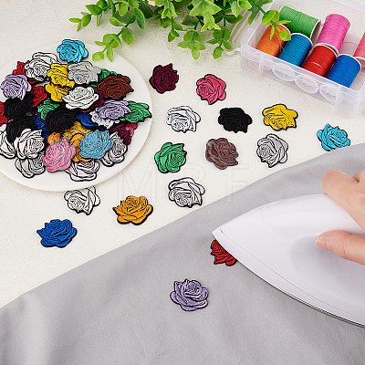 60Pcs 15 Colors Rose Shape Cloth Iron on Embroidered Patches PATC-FG0001-30-1