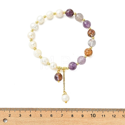 Round Natural Lodolite Quartz & Cultured Freshwater Pearl Beaded Charm Bracelets BJEW-JB14061-03-1