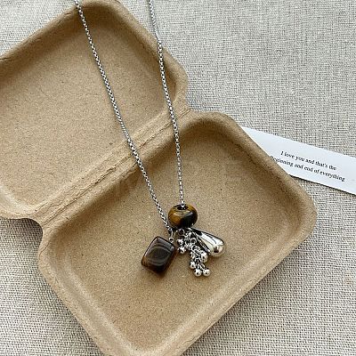 304 Stainless Steel & Natural Tiger Eye Beads Pendant Long Necklaces WGA14F7-05-1