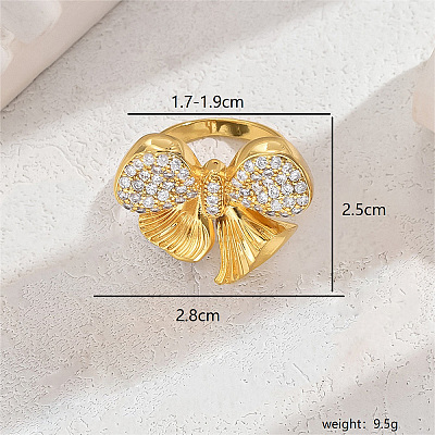 Exaggerated European and American Bowknot Brass Micro Pave Clear Cubic Zirconia Finger Rings for Women QU2931-3-1