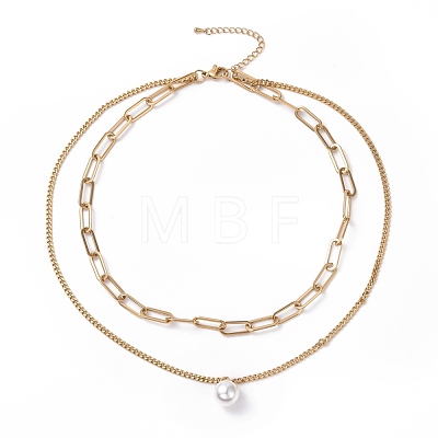Vacuum Plating 304 Stainless Steel Double Chains Multi Layered Necklaces Necklace with Plastic Pearl Charm for Women STAS-E155-02G-1