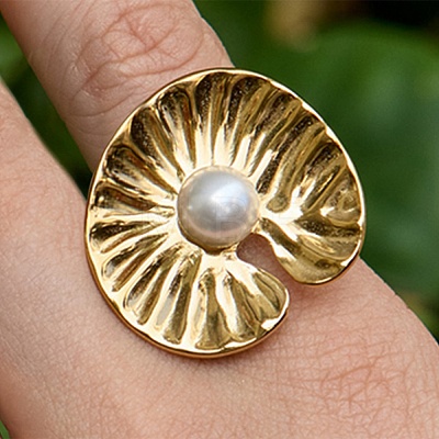304 Stainless Steel Shell Beads Cuff Open Rings for Women RJEW-E301-01A-1