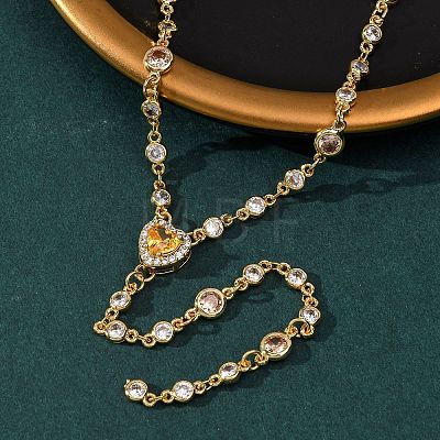Brass Pave Cubic Zirconia Heart Pendant Y Tassel Necklaces for Women NJEW-A071-01G-03-1