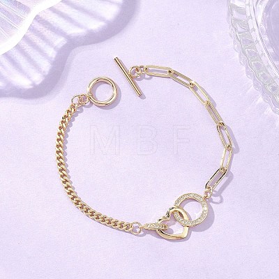 Brass Micro Pave Clear Cubic Zirconia Heart & Ring Link Bracelets BJEW-JB13159-1