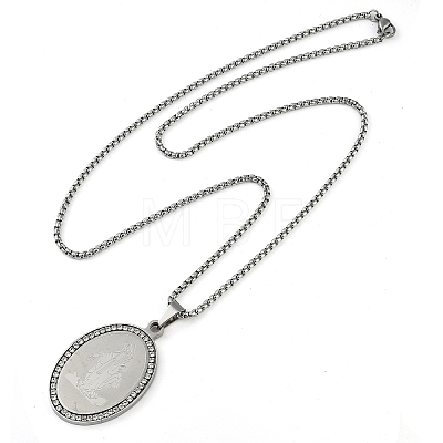 304 Stainless Steel Crystal Rhinestone Religion Virgin Mary Oval Pendant Box Chain Necklaces NJEW-D089-04P-1