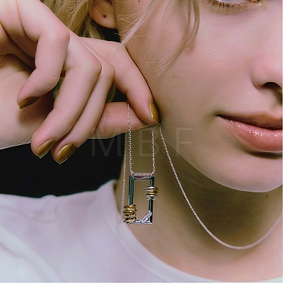 304 Stainless Steel Rectangle Frame with Ring Pendant Necklaces for Women FS-WG90439-01-1