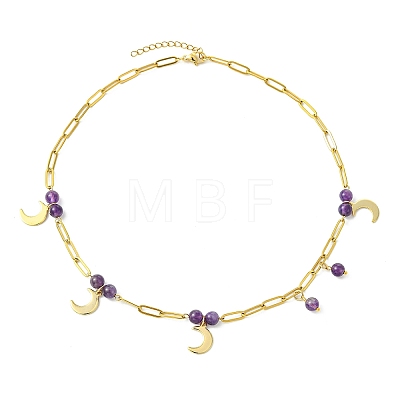 304 Stainless Steel Paperclip Chain Moon Pendant Necklaces with Natural Amethyst Beads for Women NJEW-JN06251-01-1