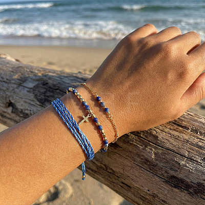 3Pcs Adjustable Natural Lapis Lazuli Beaded Braided Bracelet Sets IL6512-3-1