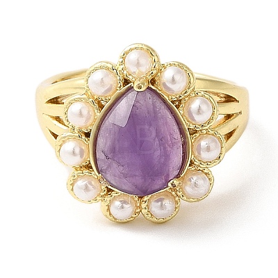 Natural Mixed Gemstone Teardrop Adjustable Ring with Plastic Pearl Beaded RJEW-E075-01G-1