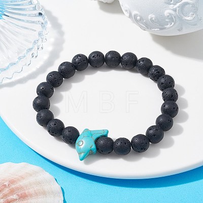 Synthetic Turquoise Dolphin & Lava Rock Beaded Stretch Bracelet BJEW-JB09838-02-1