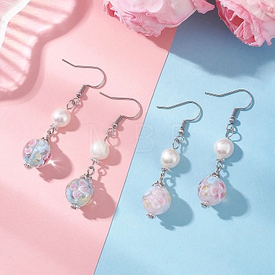 Round Natural Cultured Freshwater Pearl & Lampwork Dangle Earrings EJEW-JE06881-1