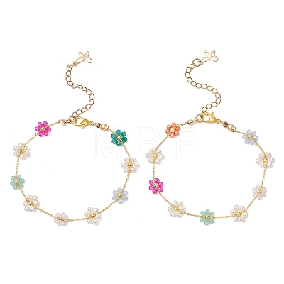 Brass & Glass Flower Link Chain Bracelets for Women BJEW-JB14026-1