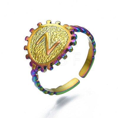 Rainbow Color 304 Stainless Steel Flat Round with Initial Cuff Ring RJEW-S405-139-1