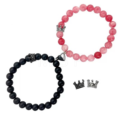 2Pcs Matching Natural Black Matte Stone & Strawberry Quartz Round Beads Stretch Bracelets PT6851-4-1