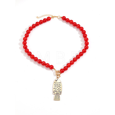 Summer Beach Bohemian Alloy Fish Pendant Resin Round Beaded Necklaces for Women WG6850D-01-1