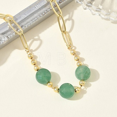 Natural Green Aventurine Faceted Flat Round Beaded Brass Paperclip Chain Bracelets GG-CBA37F5-02G-01-1