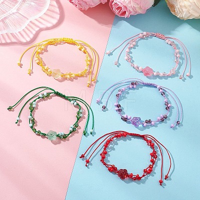 Rose Glass Seed Beads & Glass Braided Bead Bracelets BJEW-MZ00313-1