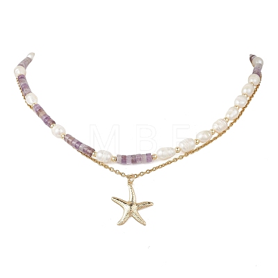 Natural Amethyst Heishi Beads and Rice Natural Pearl Beaded Double Layer 304 Stainless Steel Starfish Pendant Necklaces NJEW-JN05847-02-1