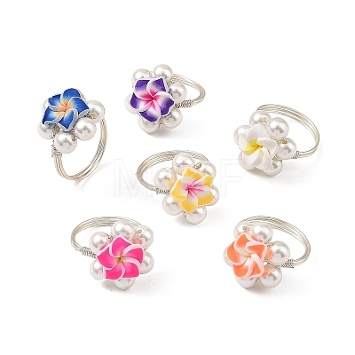 Silver Tone Copper Wire Wrapped Polymer Clay 3D Flower Plumeria & Shell Pearl Beaded Finger Rings RJEW-JR01098-1