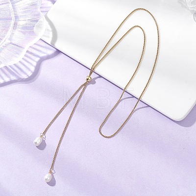 Adjustable Natural Pearl Rice Pendant 304 Stainless Steel Box Chain Lariat Necklaces NJEW-JN05948-1
