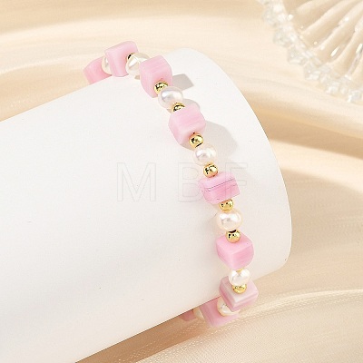 Handmade Nepalese Lampwork Cube and Natural Pearl Beaded Bracelets BJEW-JB14481-1