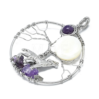 Natural Amethyst and White Shell Copper Wire Wrapped Big Pendants G-K404-01P-1