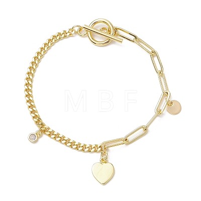 Brass Clear Cubic Zirconia Flat Round & Heart Charm Bracelets BJEW-JB10396-1