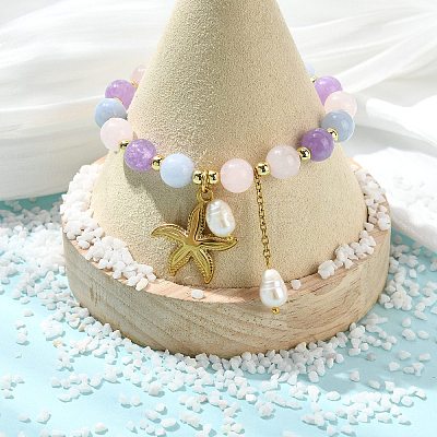 Natural Aquamarine & Rose Quartz & Amethyst Round Beads Stretch Bracelets BJEW-JB14145-01-1