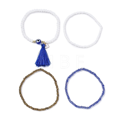 4Pcs 4 Style Glass Seed & Resin Evil Eye Beaded Stretch Bracelets Set BJEW-JB09896-01-1