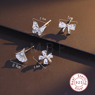 4Pcs 4 Style Rhodium Plated 925 Sterling Silver Stud Earrings Set PI9253-2-1