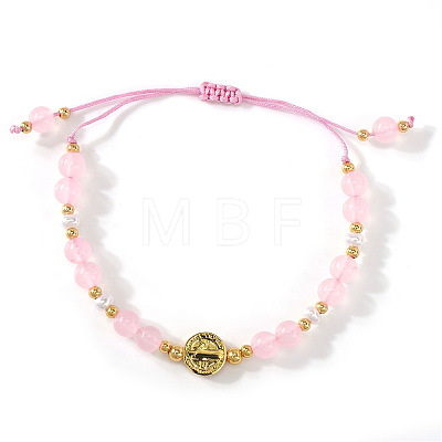 Metal Medals & Natural Rose Quartz Beaded Adjustable Bracelets YO1072-1
