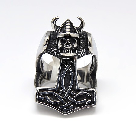 Personalized 304 Stainless Steel Skull with Thor's Hammer Wide Band Rings for Men RJEW-F018-05-1