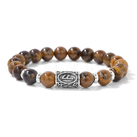 Alloy Nordic Viking Runes 8MM Natural Tiger Eye Round Beaded Stretch Bracelets KW3210-1-1