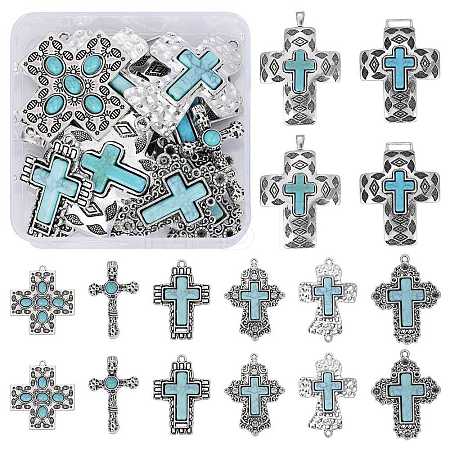 16 Pieces Turquoise+Alloy+Zircon Pendant Vintage Turquoise Cross Pendant Alloy Accessories DIY Necklace Accessories(8 styles) JX640A-1