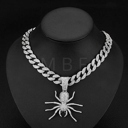 Alloy Full Crystal Rhinestone Halloween Spider Pendant Cuban Link Chain Necklaces for Men FS-WG4B1F3-02-1