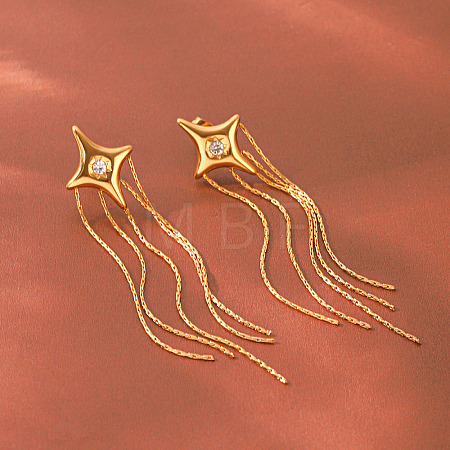 304 Stainless Steel Pave Clear Cubic Zirconia Star Tassel Earrings for Women WG0B521-01-1