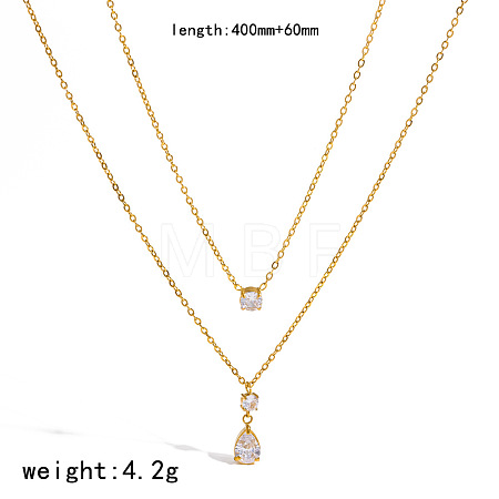 304 Stainless Steel Pave Clear Cubic Zirconia Teardrop Pendant Double Layer Necklaces for Women WG4ACB0-02-1