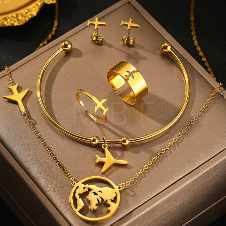 Airplane & Earth 201 Stainless Steel Pendant Necklace & Stud Earring & Cuff Ring & Cuff Bangle Sets FS-WG54043-01-1