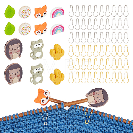 DIY Donut & Fox & Leaf & Rainbow Silicone Beads Knitting Needle Protectors/Knitting Needle Stoppers with Stitch Markerss IFIN-NB0001-54-1