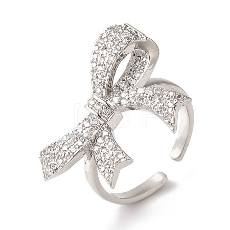 Bowknot Brass Micro Pave Clear Cubic Zirconia Open Cuff Rings for Women RJEW-C098-17P-1