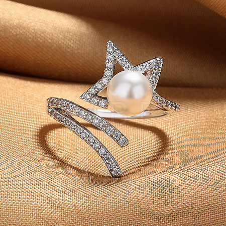 Brass Rhinestone with Imitation Pearl Cuff Open Rings for Women WG1F13A-01-1