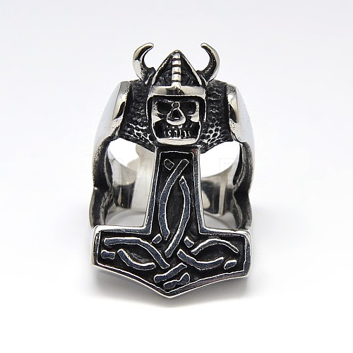 Personalized 304 Stainless Steel Skull with Thor's Hammer Wide Band Rings for Men RJEW-F018-05-1