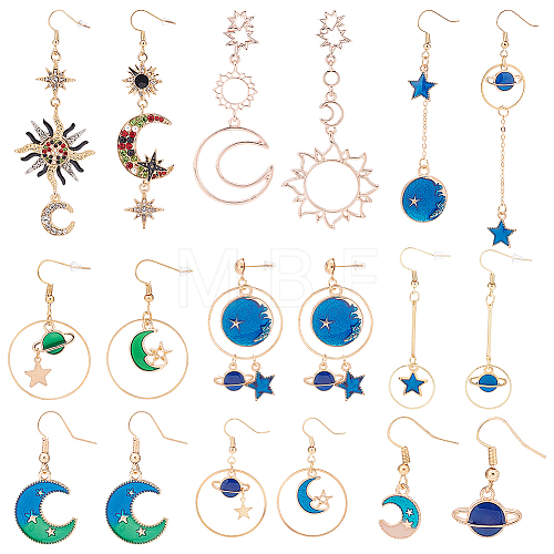 9 Pairs 9 Style Rhinestone Sun & Moon & Star & Planet Enamel Asymmetrical Earrings EJEW-AN0002-14-1