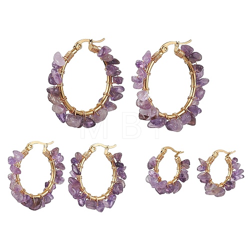 3 Pairs 3 Size Natural Amethyst Chips Hoop Earrings EJEW-JE05710-06-1